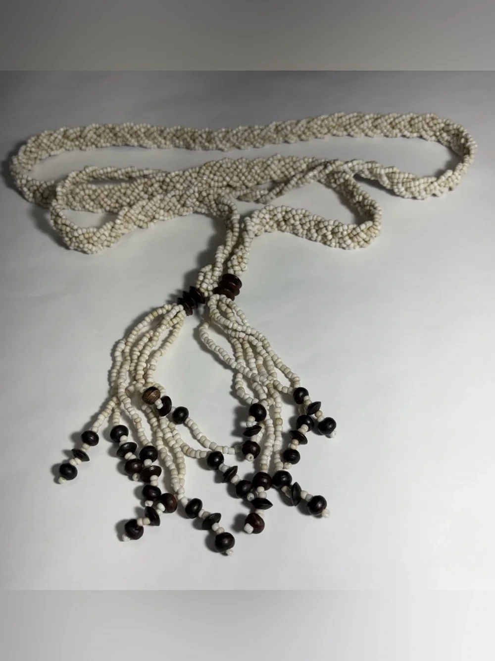 Vintage Braided Glass Seed Bead Tie Belt Cream White Wood Bead Tassels 60